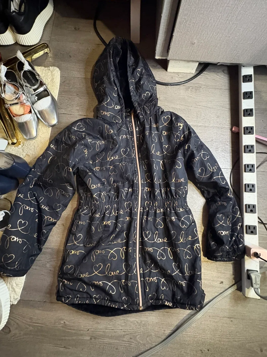 Girl's Black/Gold 'Love' Print Hooded Jacket