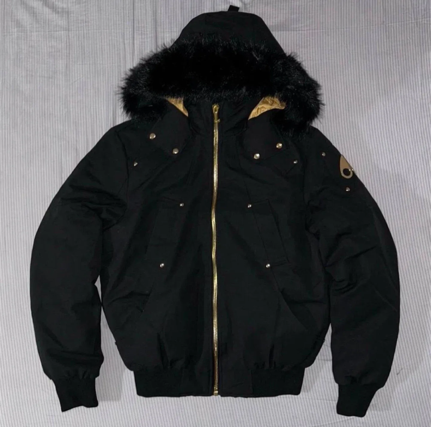 Moose Knuckles Black/Gold Down-Filled Fur Bomber Jacket - NWT