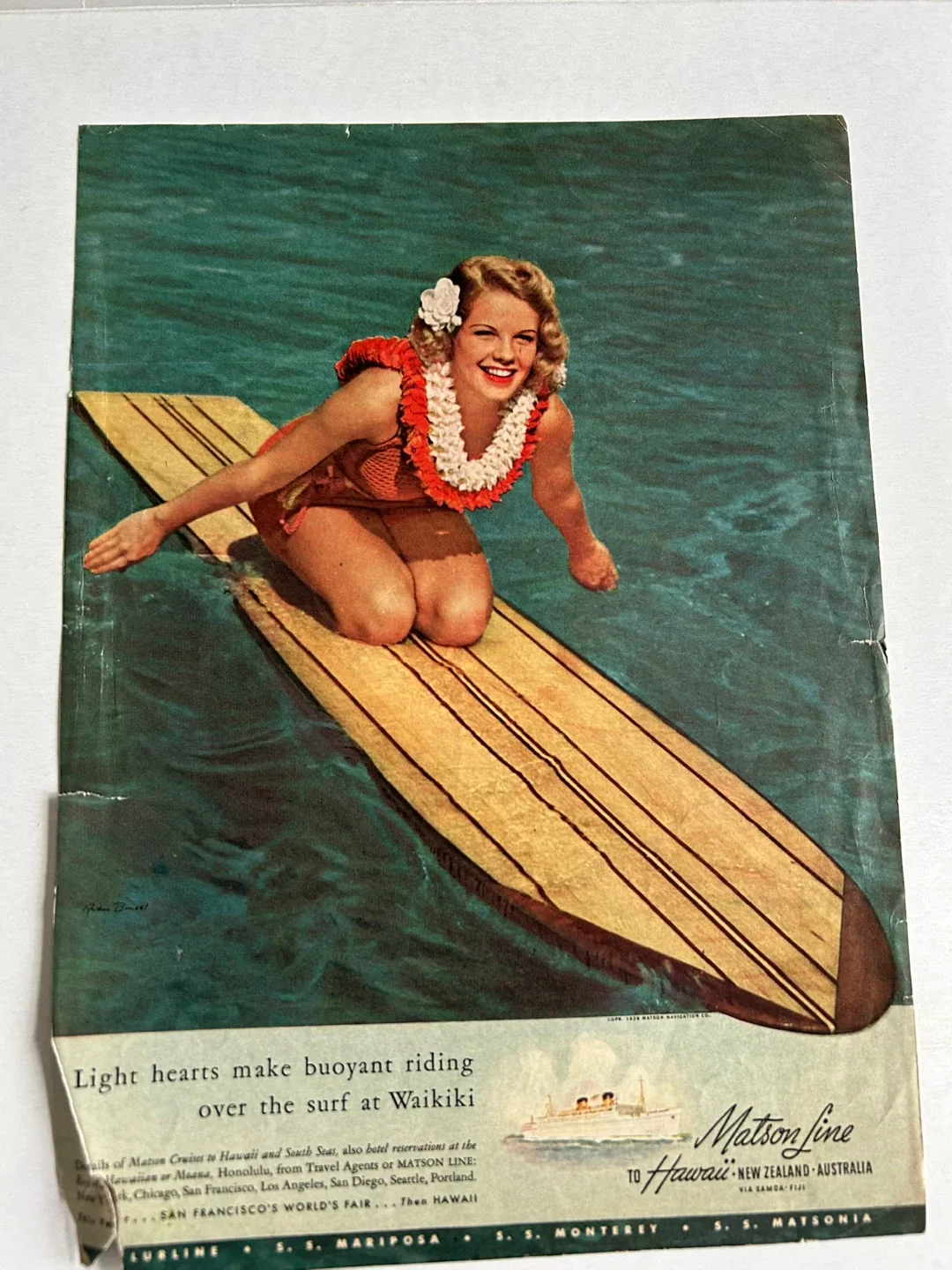 1939  surf surfboard woman surfing Hawaii vintage Ad art