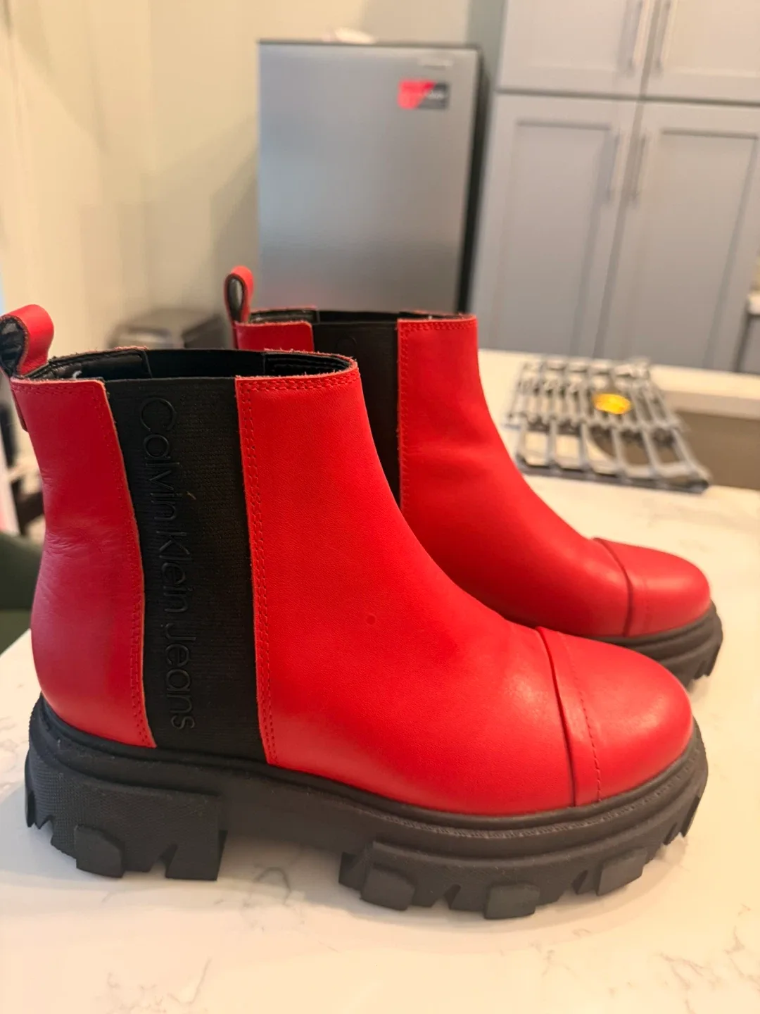 Calvin Klein Leather Red Chelsea Boots - Size W7