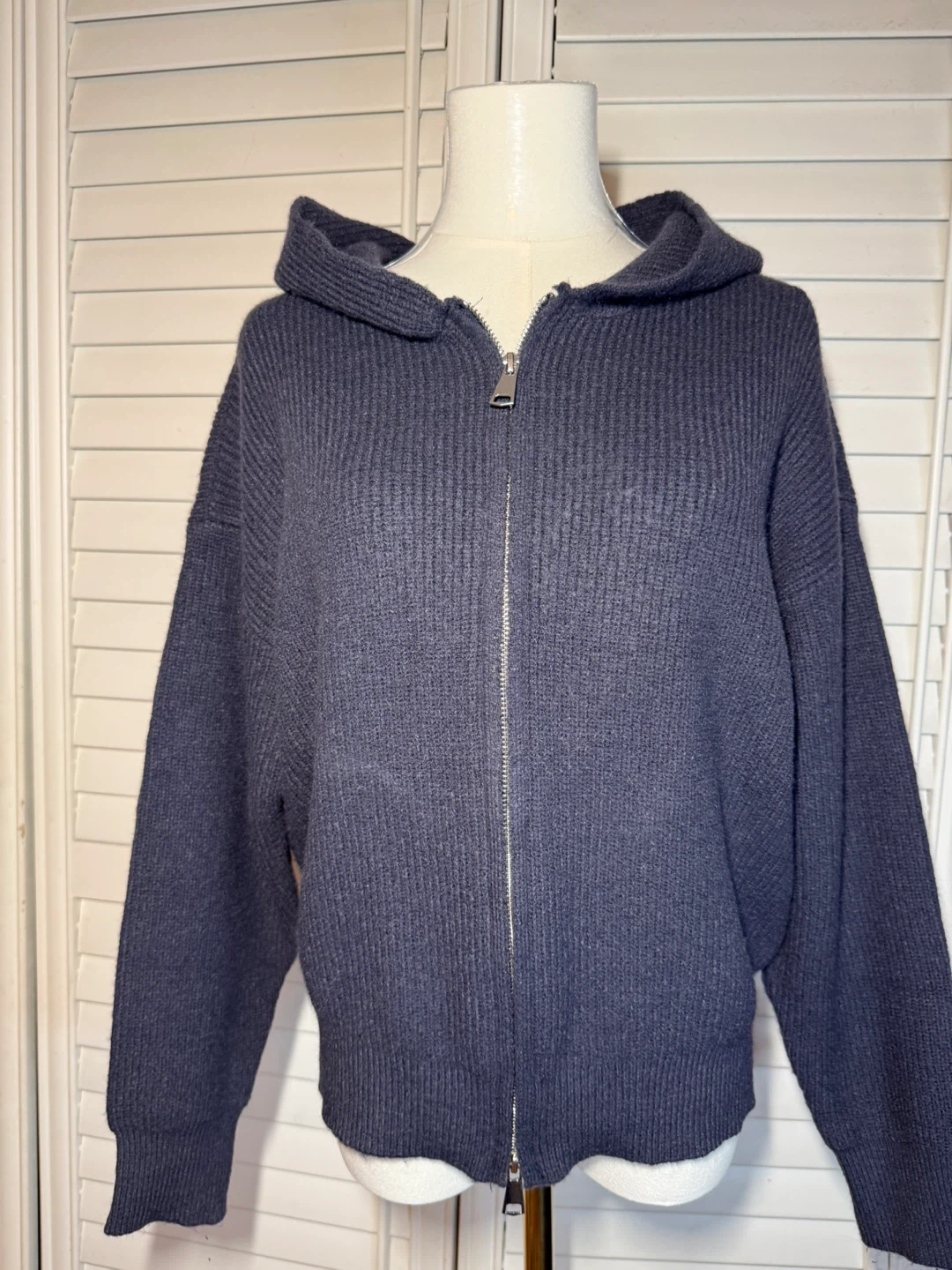 Hooded Knit Zip-Up Sweater - Charcoal - photo 2