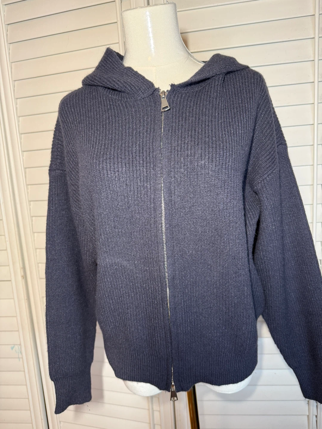 Hooded Knit Zip-Up Sweater - Charcoal - photo 4