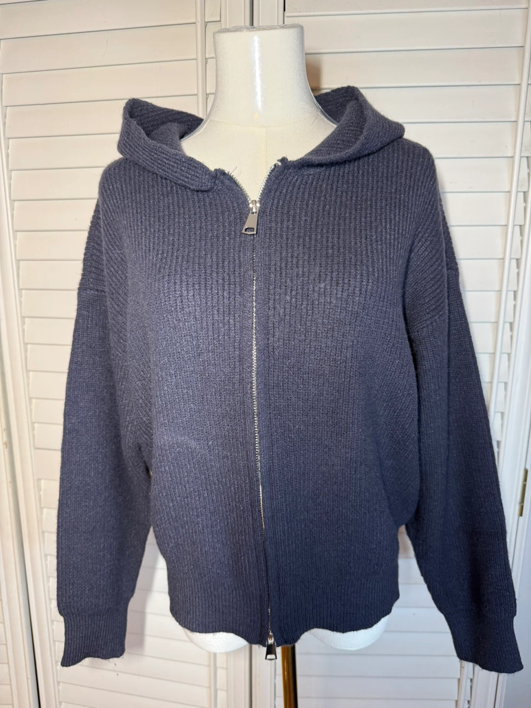 Hooded Knit Zip-Up Sweater - Charcoal - photo 3