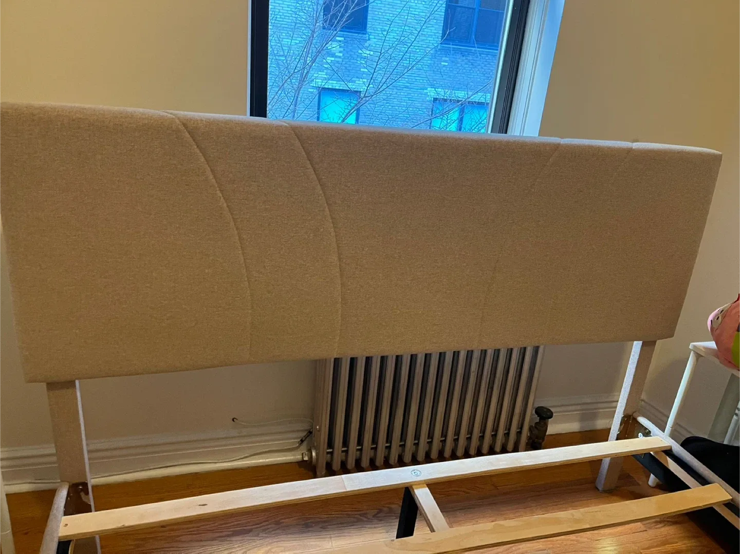 Beige Upholstered Headboard & Bed Frame