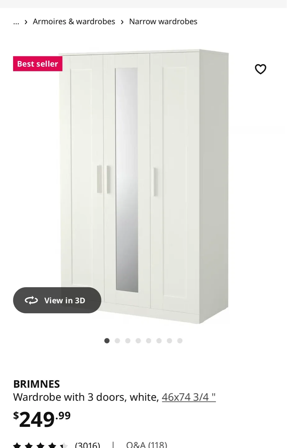 IKEA BRIMNES Wardrobe - 3 Doors, White