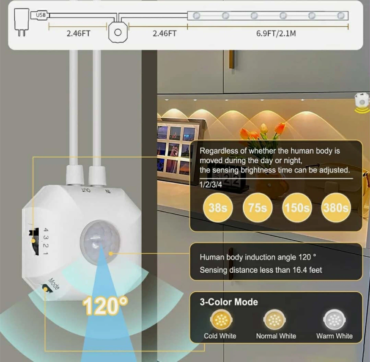 Motion Sensor LED Strip Light, 3-Color Mode - photo 3