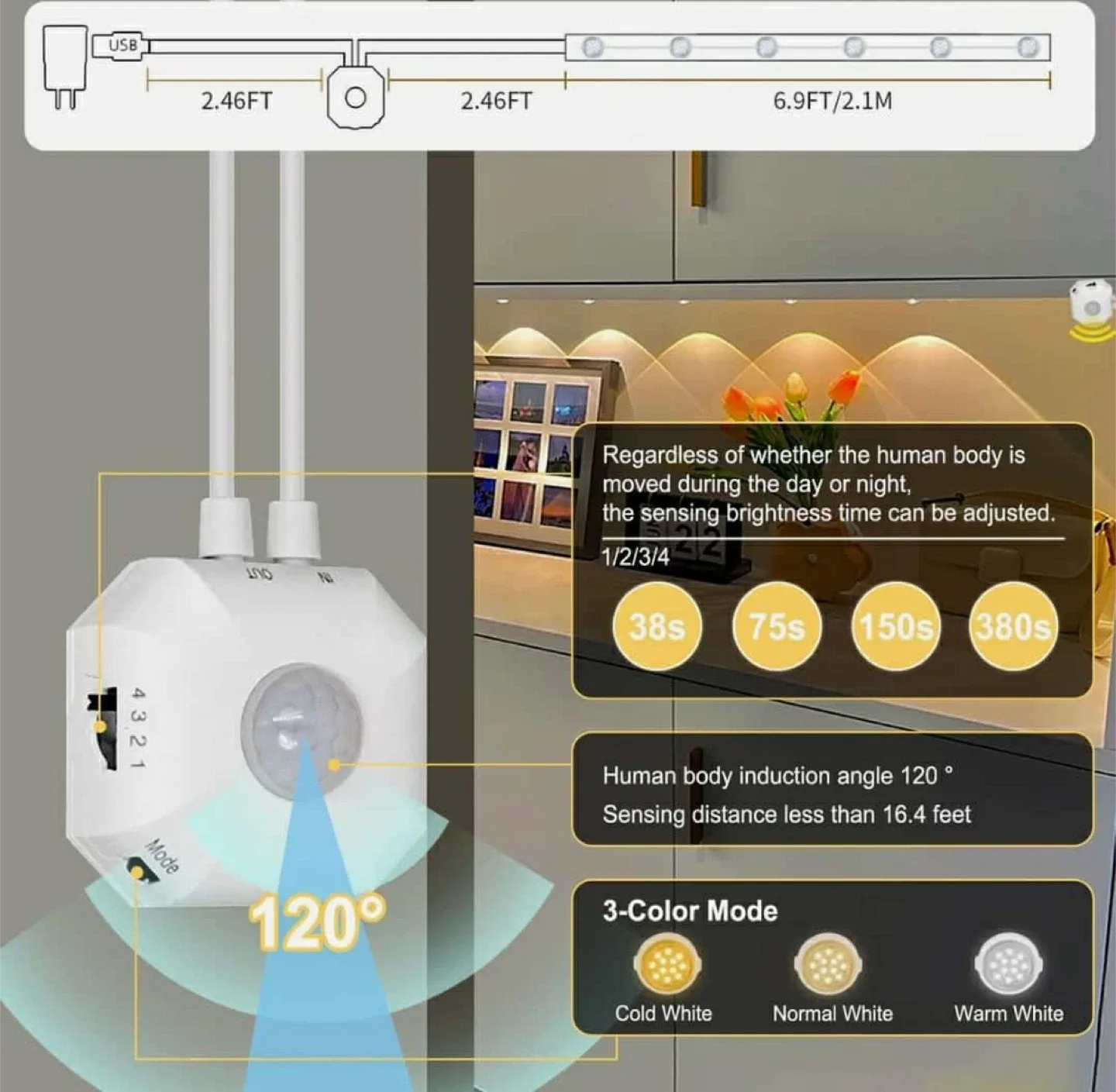 Motion Sensor LED Strip Light, 3-Color Mode image indicator(3)
