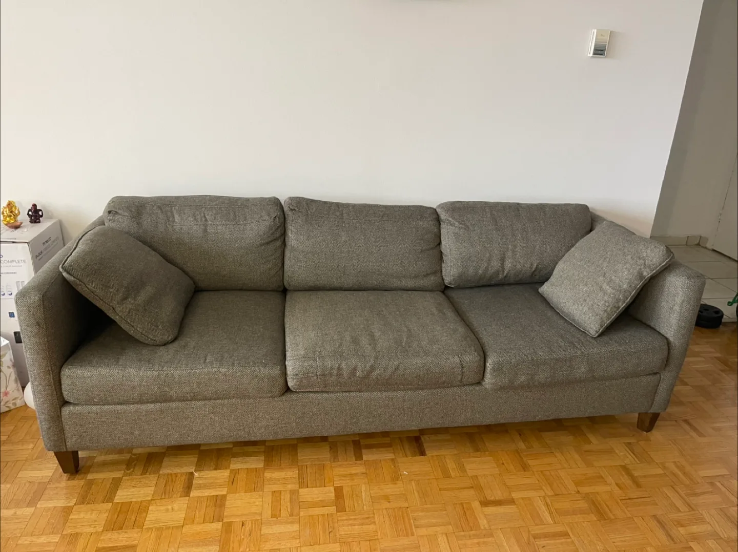Brown Wood Side Table & Grey Sofa & Dining Set