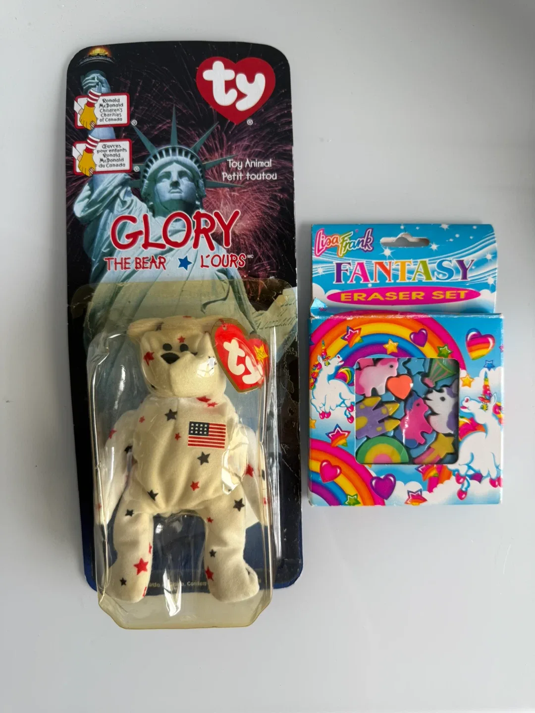 Vintage 90s bundle. Rare misprint beanie and Lisa frank erasers