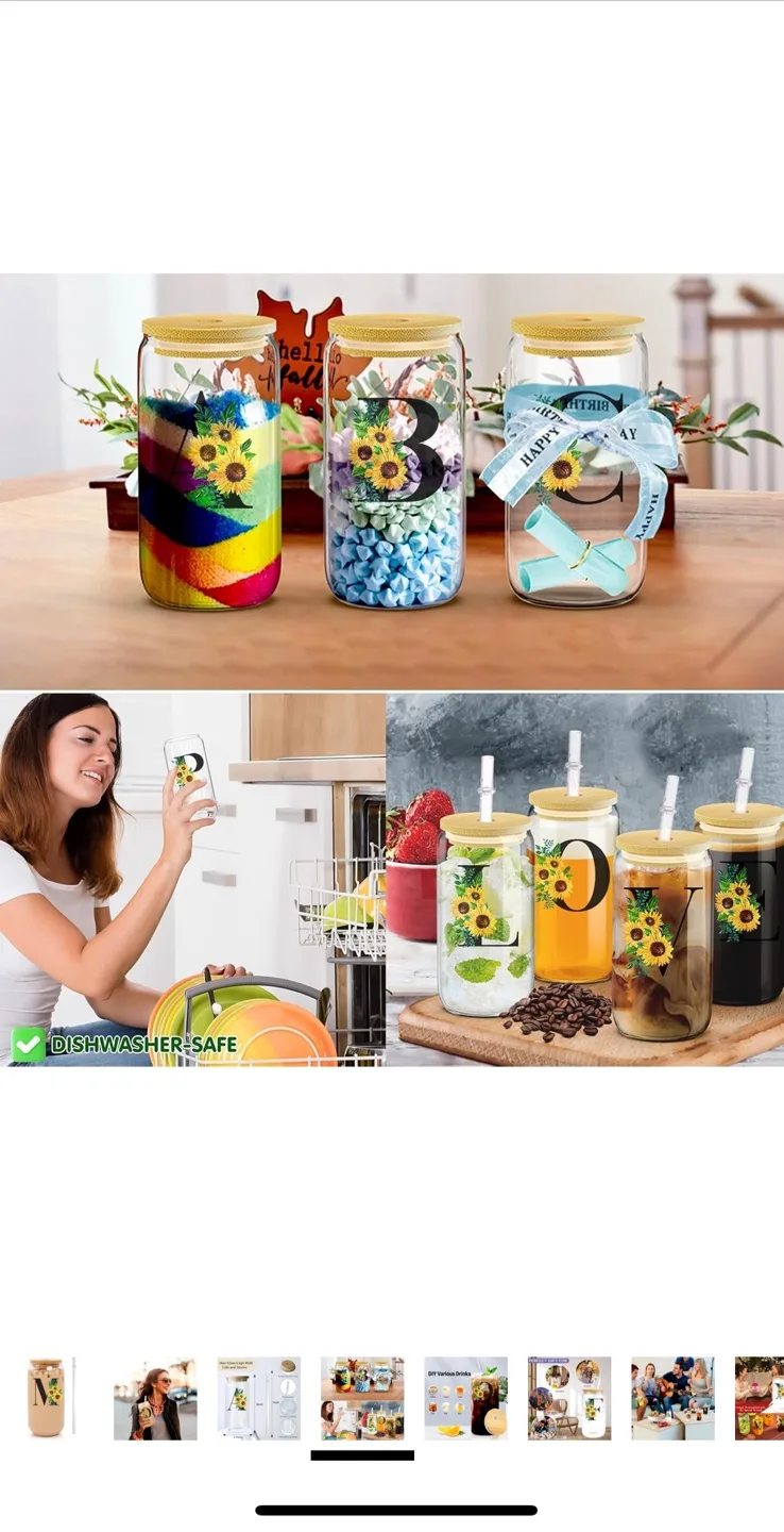 Style W Initial Sunflower Glass Cup with Bamboo Lid & Straw image indicator(5)