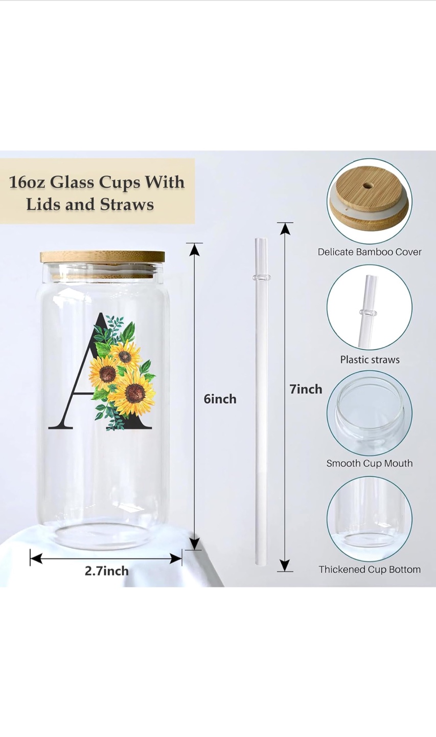 Style W Initial Sunflower Glass Cup with Bamboo Lid & Straw - photo 4