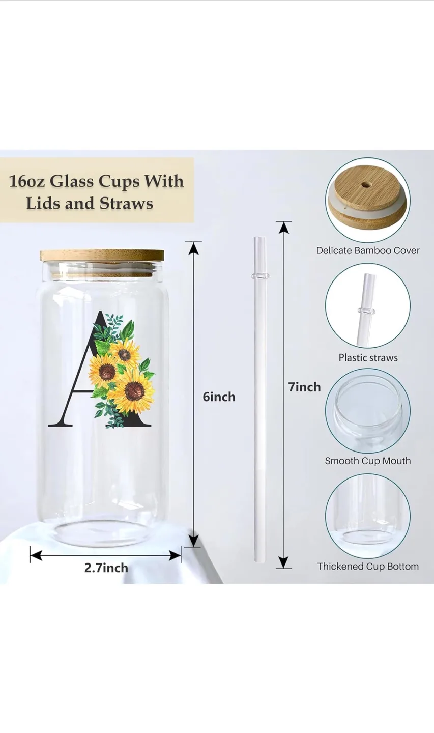 Style W Initial Sunflower Glass Cup with Bamboo Lid & Straw image indicator(4)