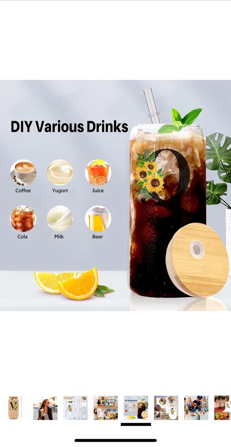 Style W Initial Sunflower Glass Cup with Bamboo Lid & Straw image indicator(6)