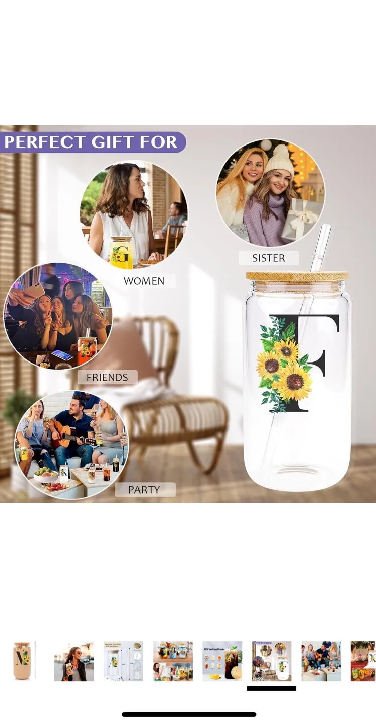 Style W Initial Sunflower Glass Cup with Bamboo Lid & Straw image indicator(7)