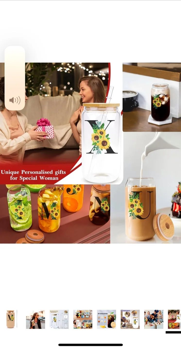 Style W Initial Sunflower Glass Cup with Bamboo Lid & Straw image indicator(9)