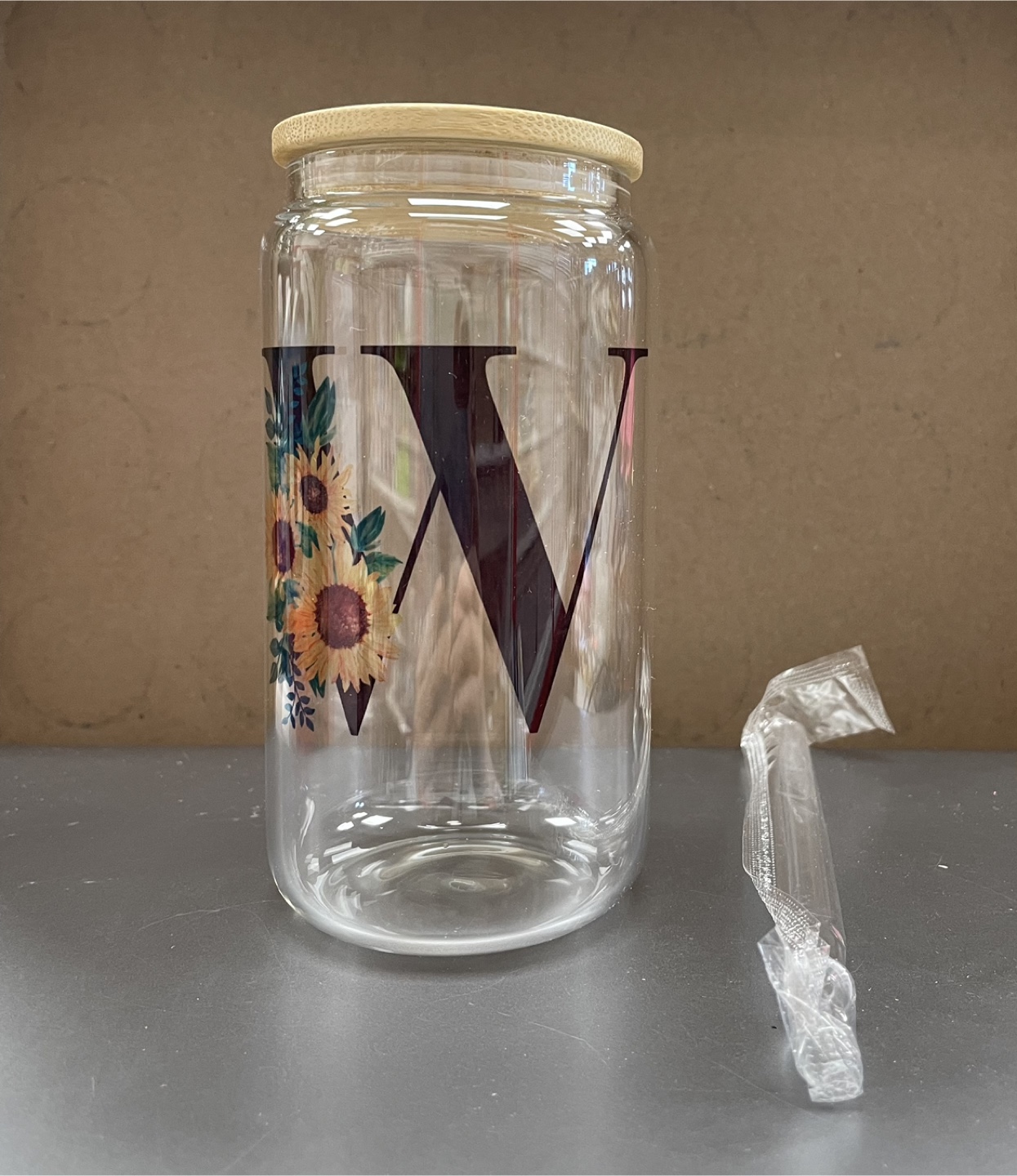 Style W Initial Sunflower Glass Cup with Bamboo Lid & Straw
