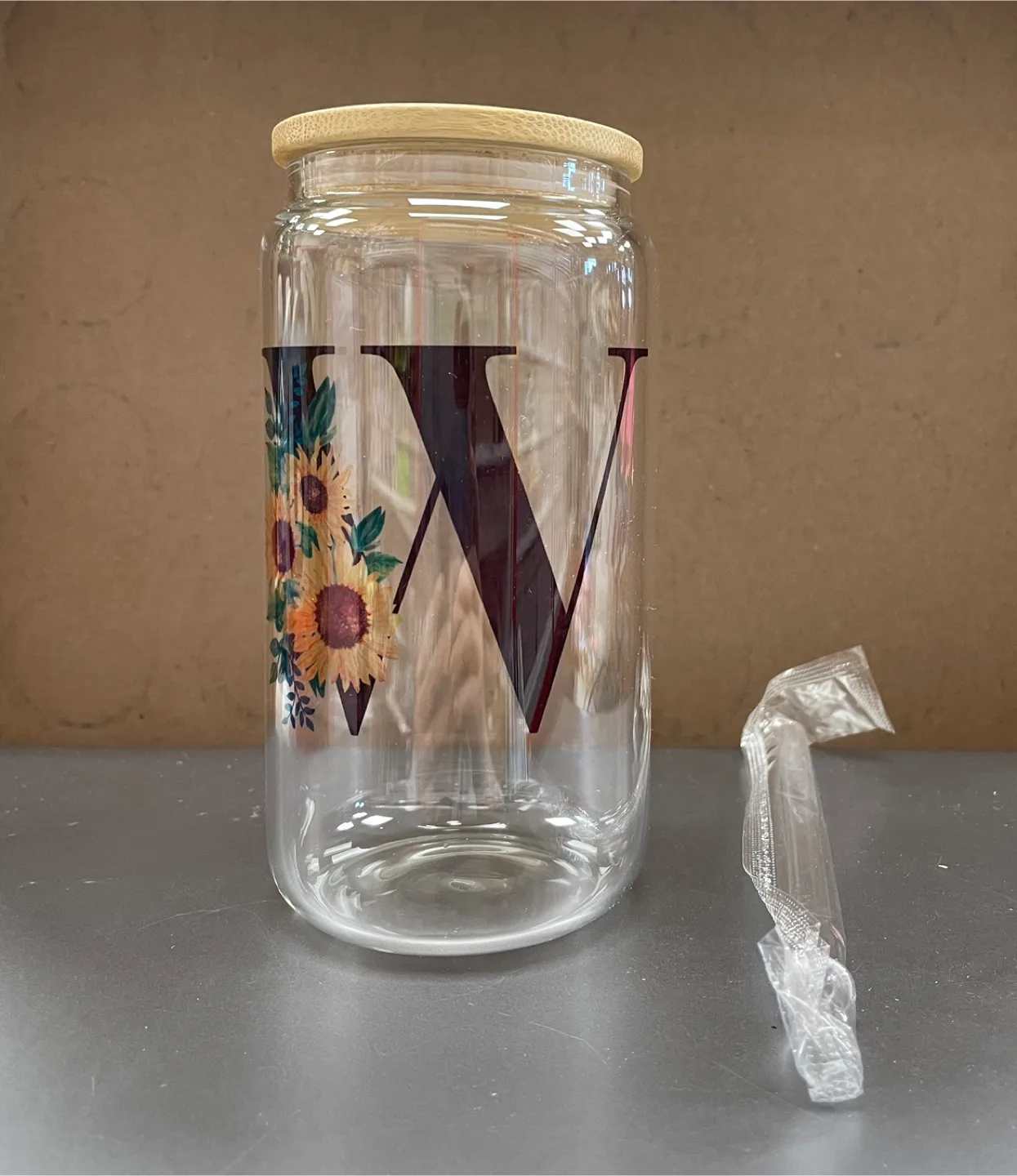 Style W Initial Sunflower Glass Cup with Bamboo Lid & Straw