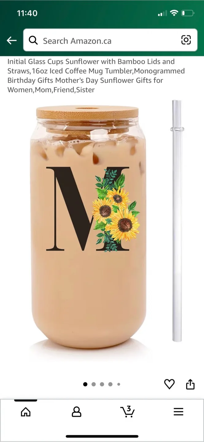 Style W Initial Sunflower Glass Cup with Bamboo Lid & Straw image indicator(2)