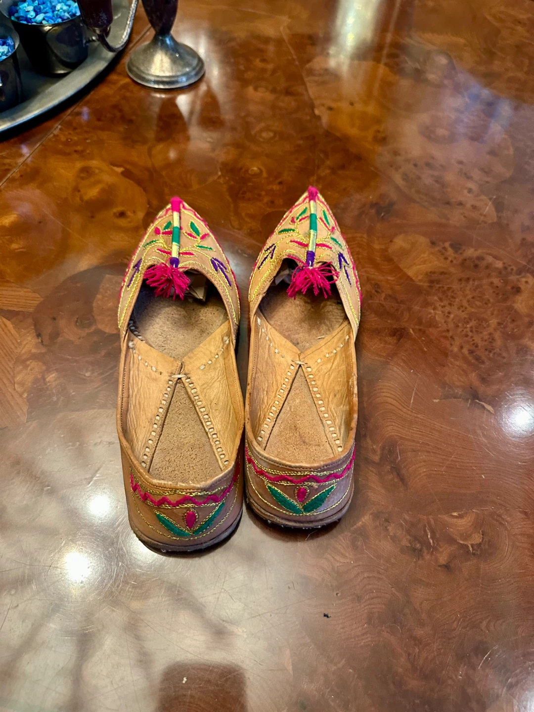 Tan and pink embroidered leather flats with tassels - photo 2