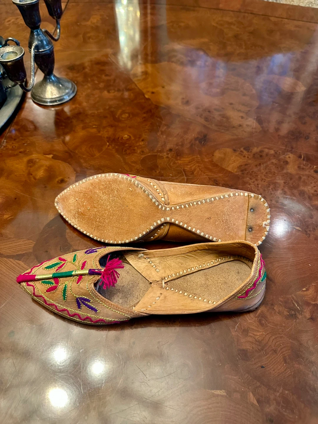 Tan and pink embroidered leather flats with tassels - photo 3