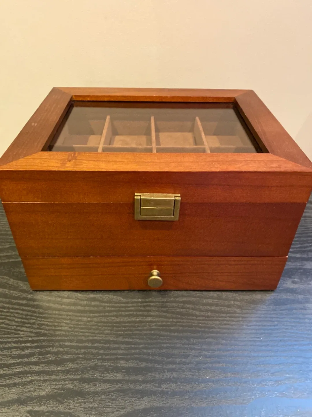 Wooden Watch and Jewelry Box with Glass Top & Drawer
