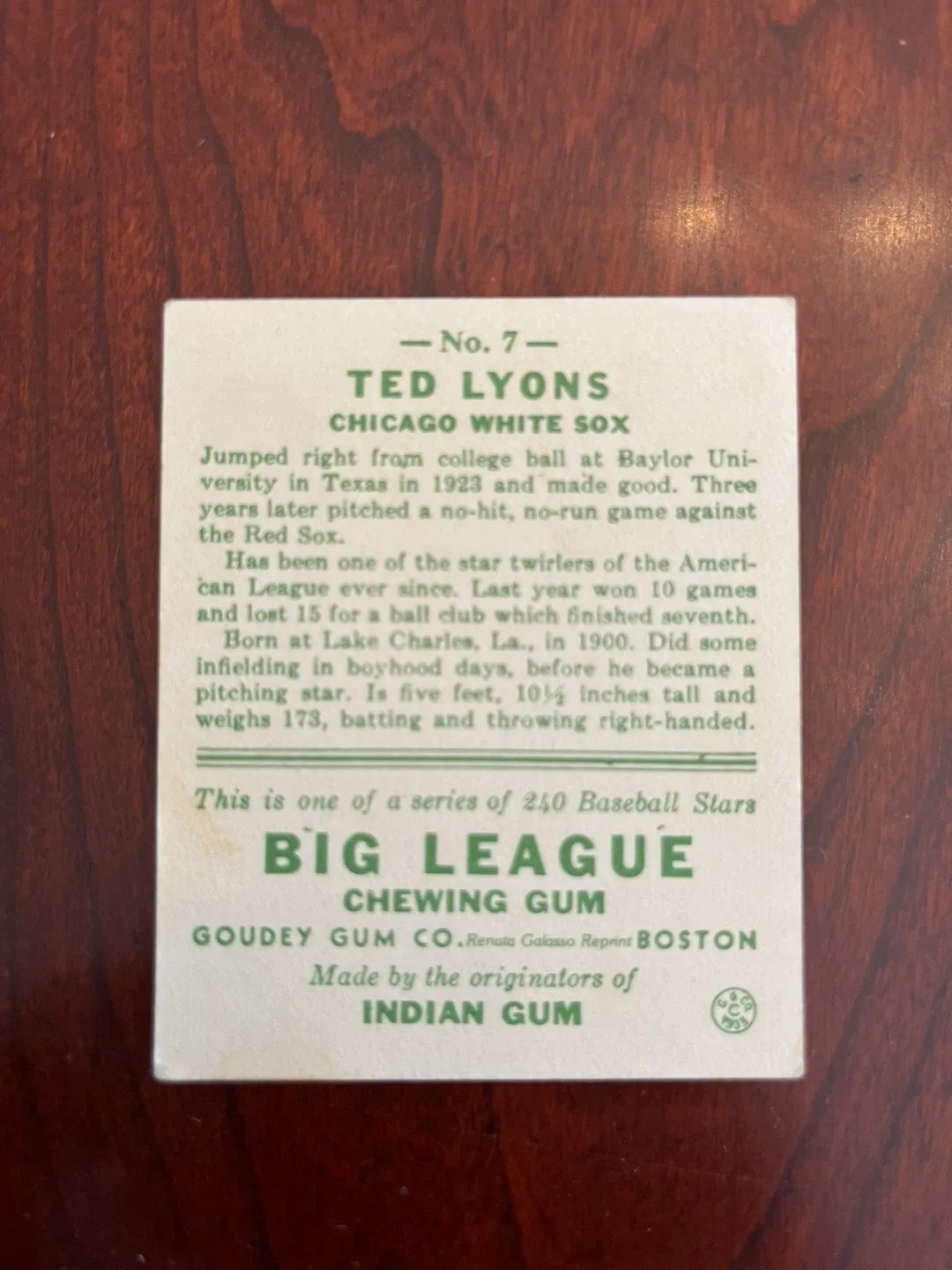 1983 Renata Galasso 1933 Goudey Reprints Ted Lyons #7 image indicator(2)