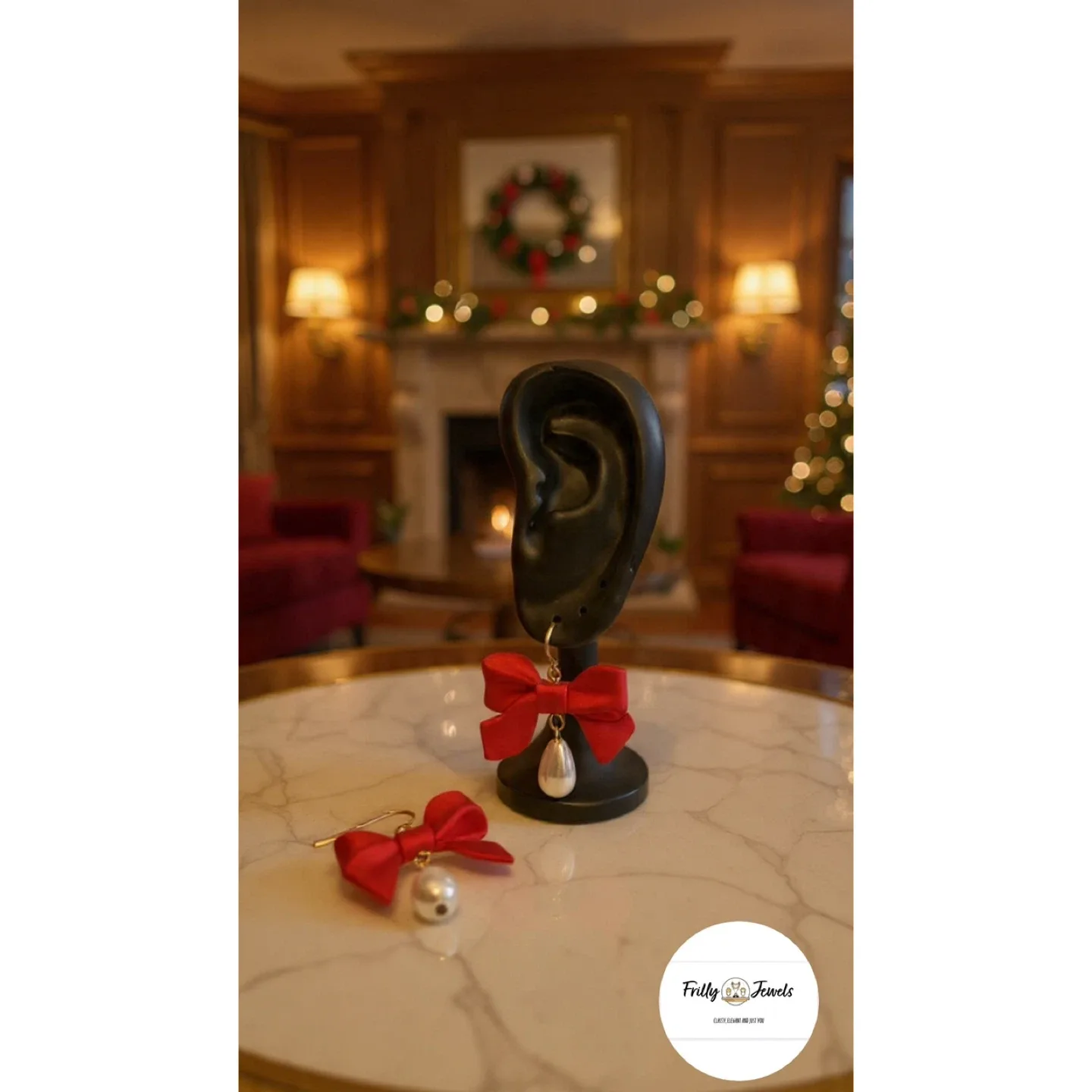 Frilly Jewels Red Bow Pearl Drop Earrings