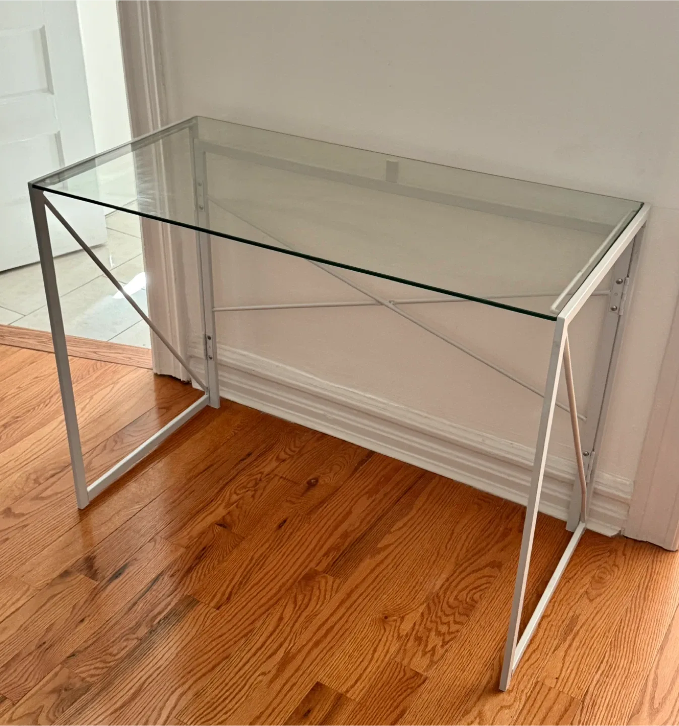 Glass Top Desk with White Metal Frame