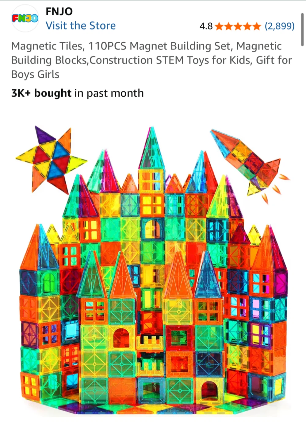 FNJO Magnetic Tiles, 110 PCS Building Set