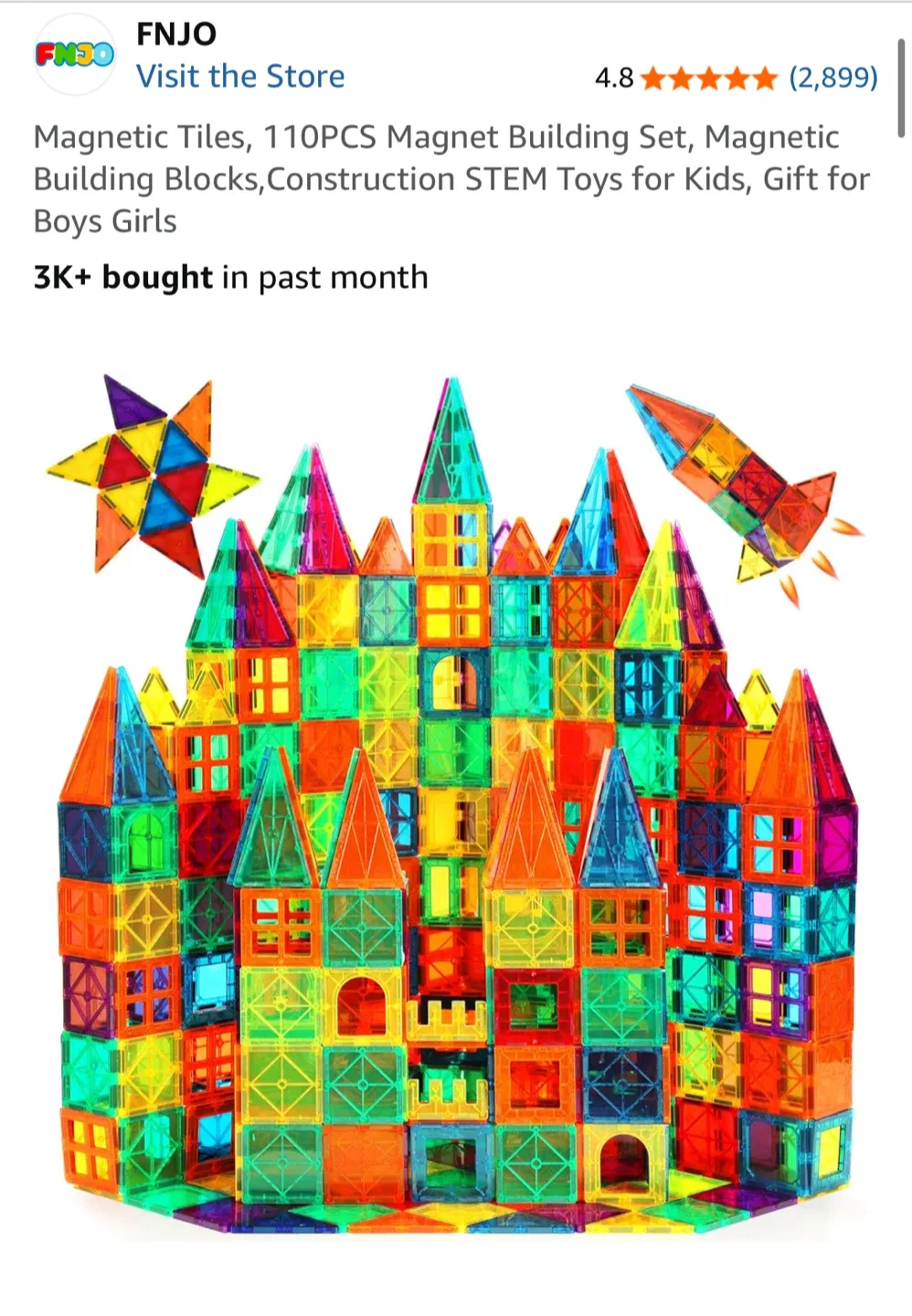 FNJO Magnetic Tiles, 110 PCS Building Set