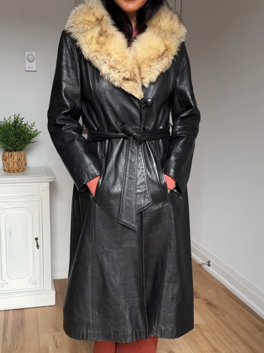 Vintage 70’s Leather Trench Coat With Fox Fur Collar