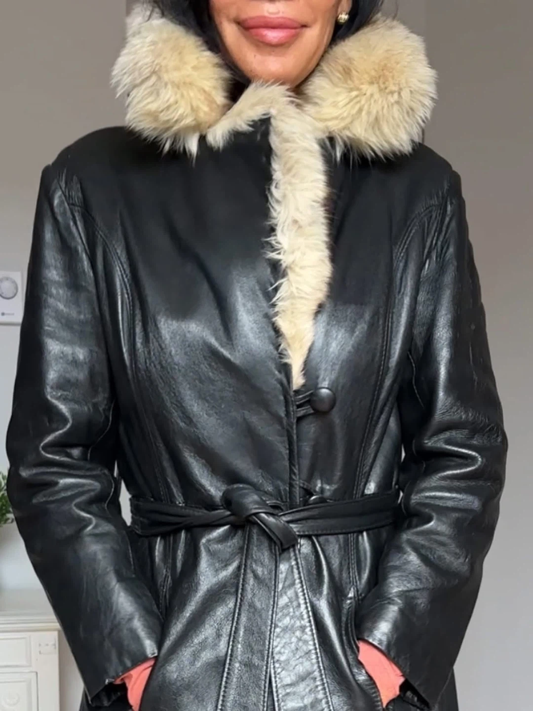 Vintage 70’s Leather Trench Coat With Fox Fur Collar - photo 3