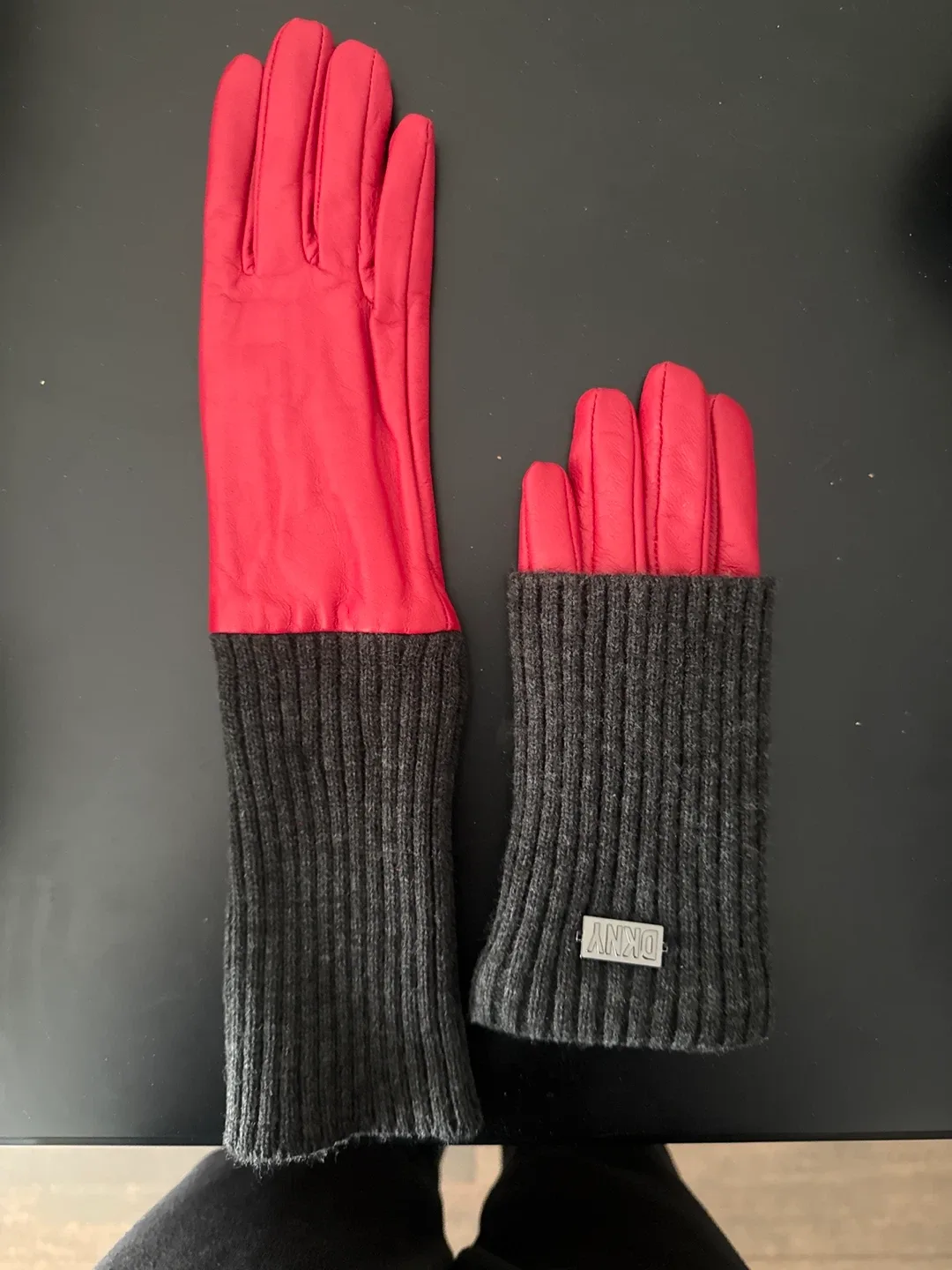 DKNY Red Leather & Grey Knit Gloves image indicator(2)
