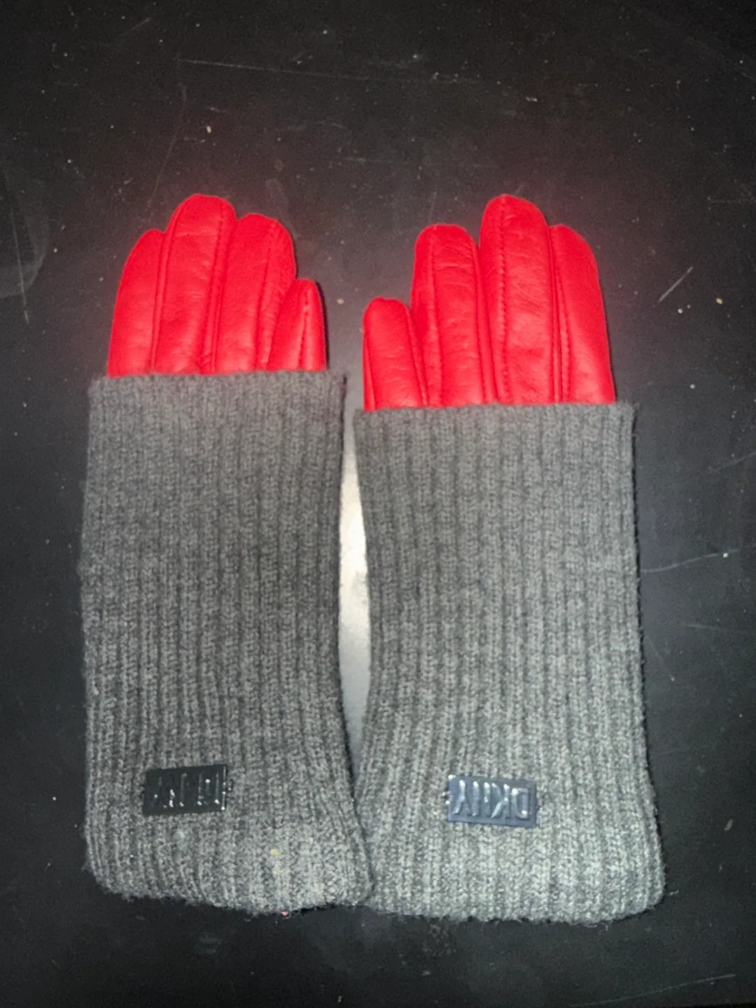 DKNY Red Leather & Grey Knit Gloves