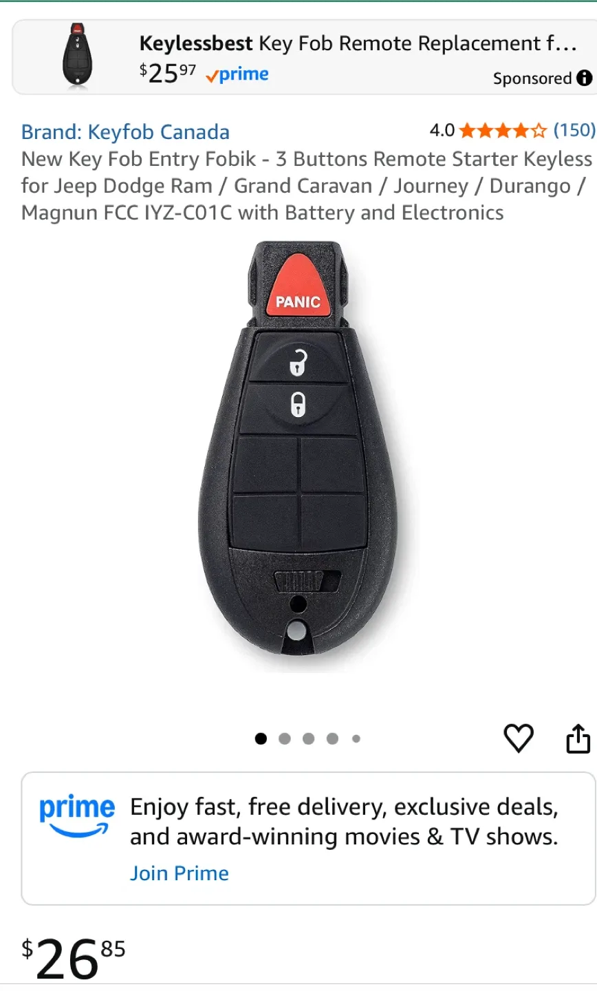 Mopar Dodge/Chrysler Key Fob + Key