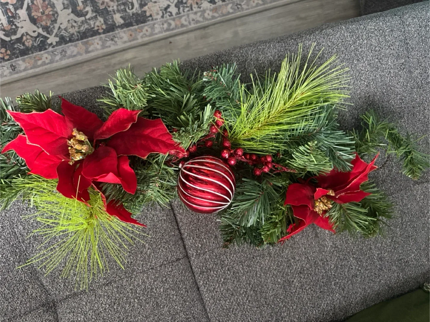 Christmas Garland with Poinsettias & Ornament