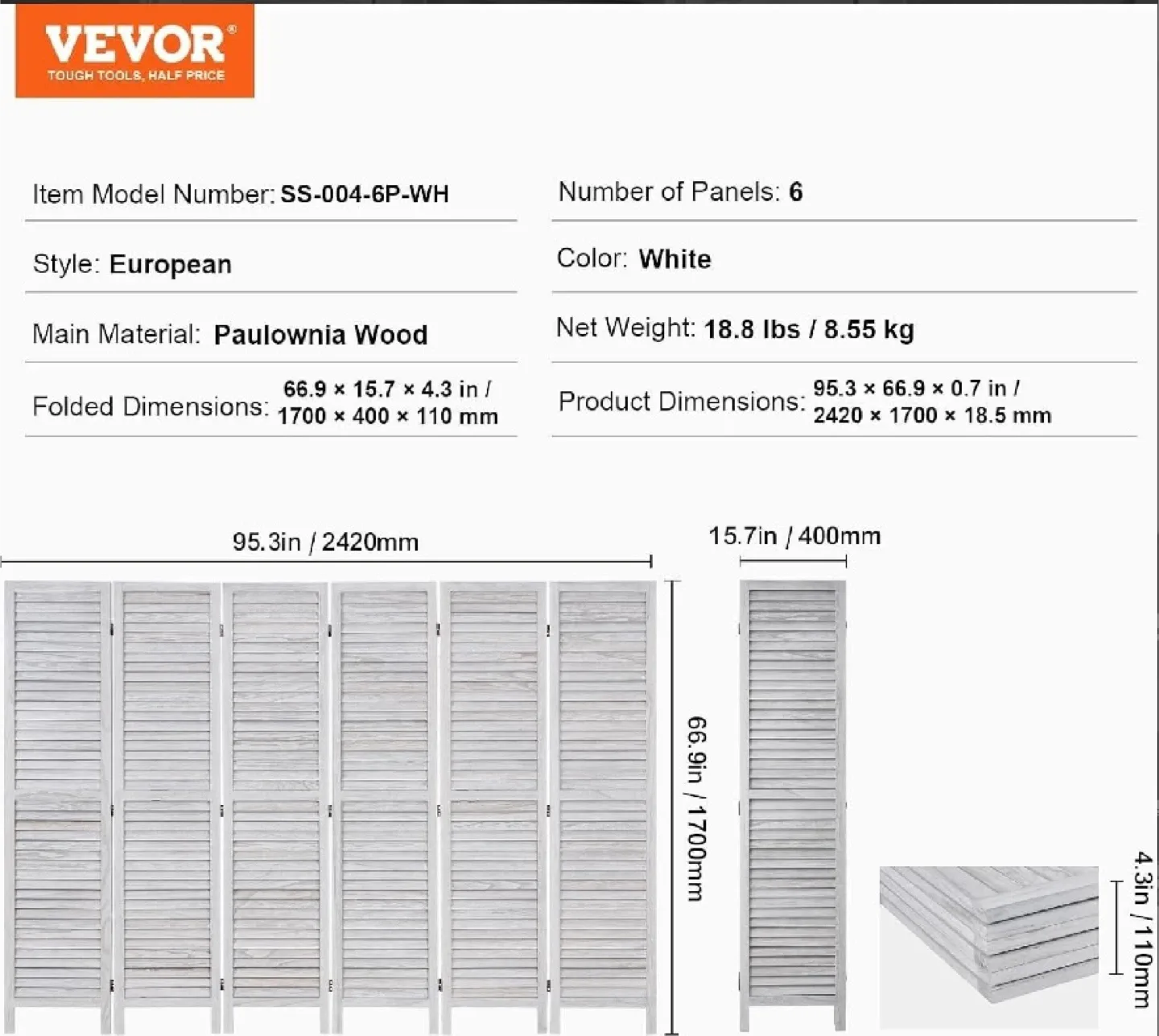 New in Box European Style Room Divider w/ 6 Panels image indicator(5)