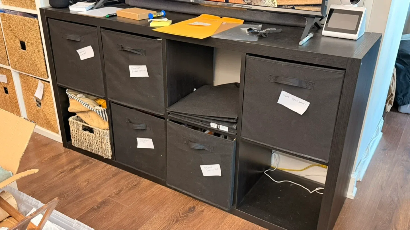 Black cube shelf, bins included