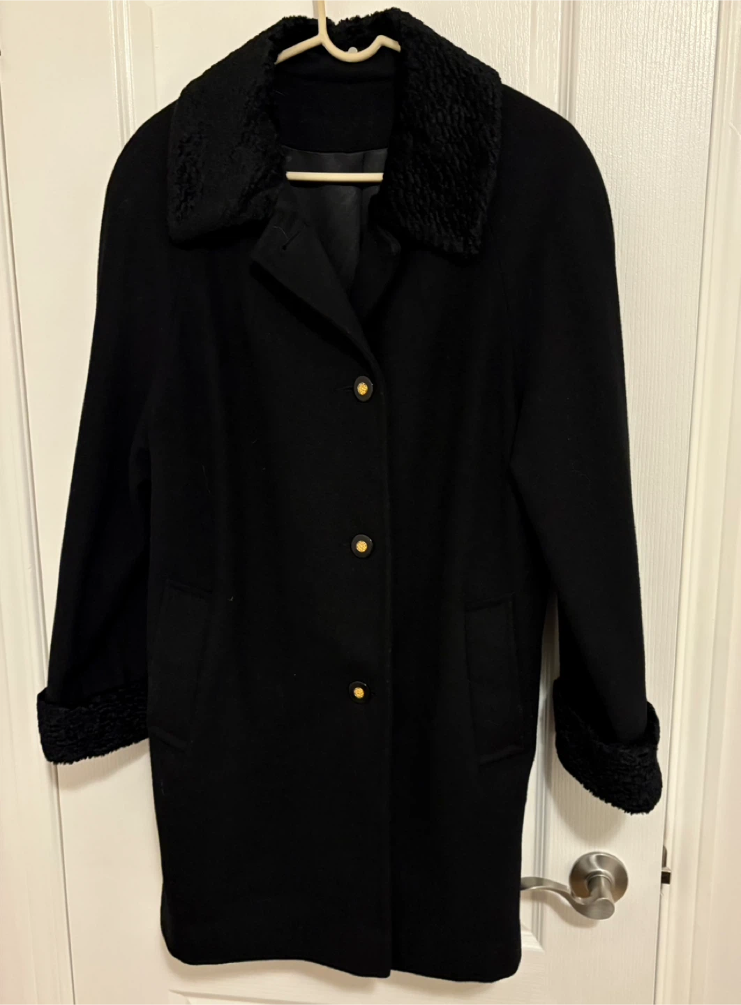 Vintage Homme Black Wool Coat with Faux Fur Trim