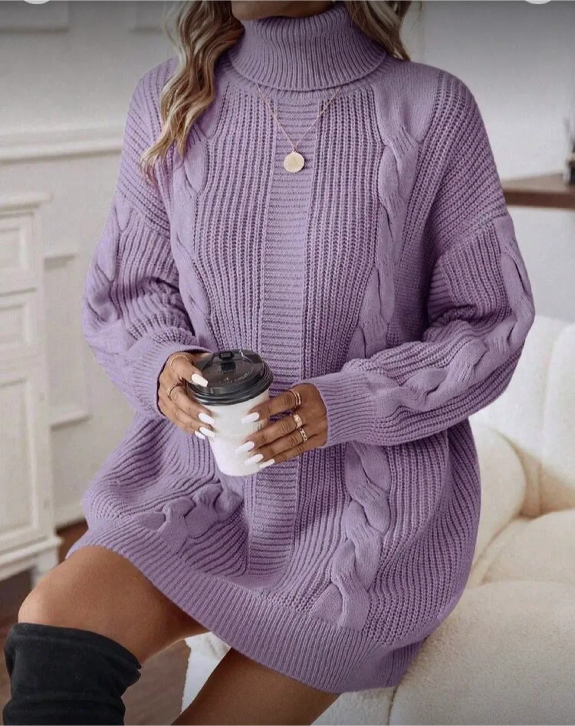 Sweater Dress - Purple, Cable Knit