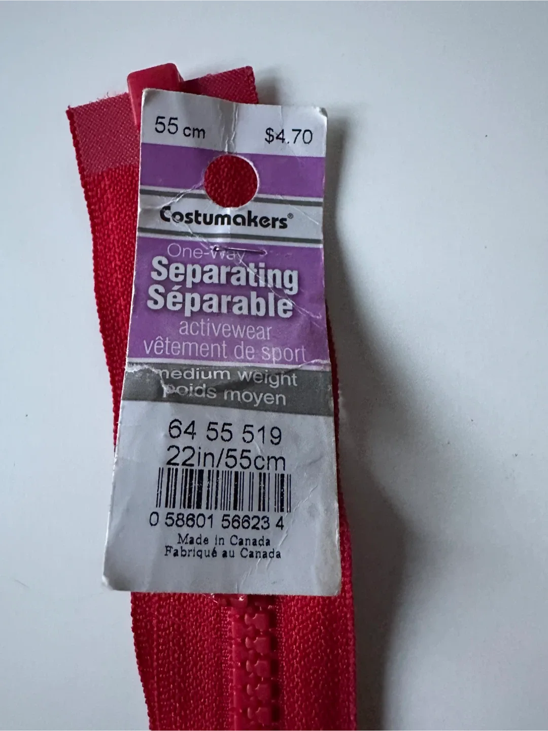 Costumakers Red Separating Zipper - 22in/55cm