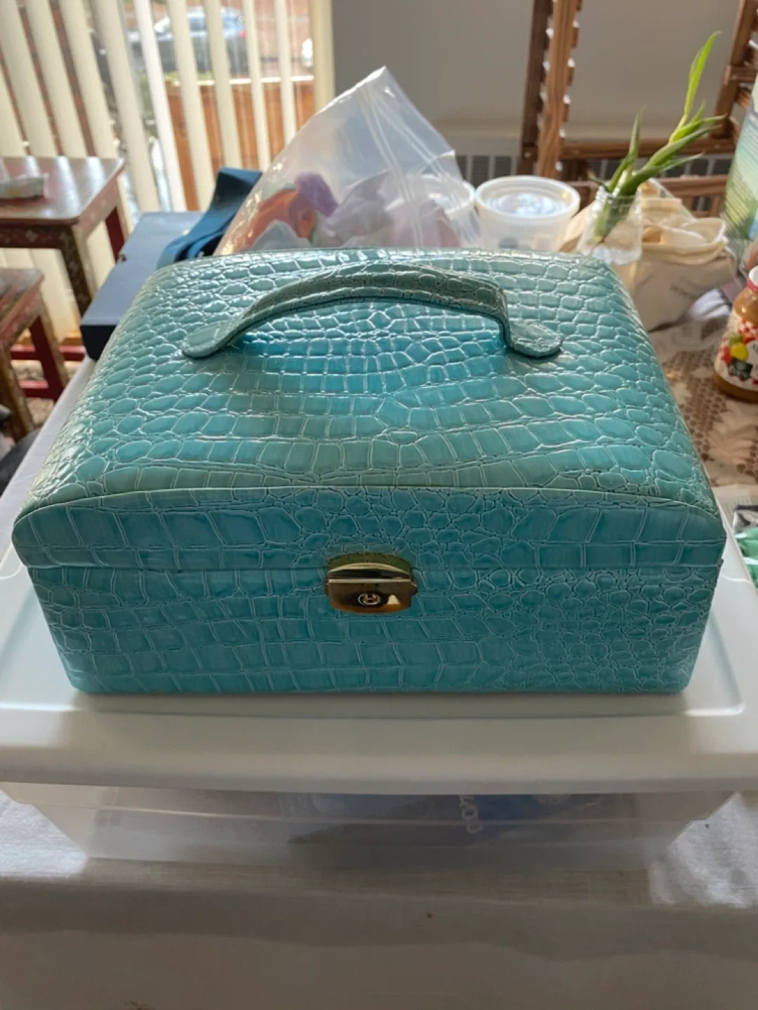 Teal Faux Croc Jewelry Box