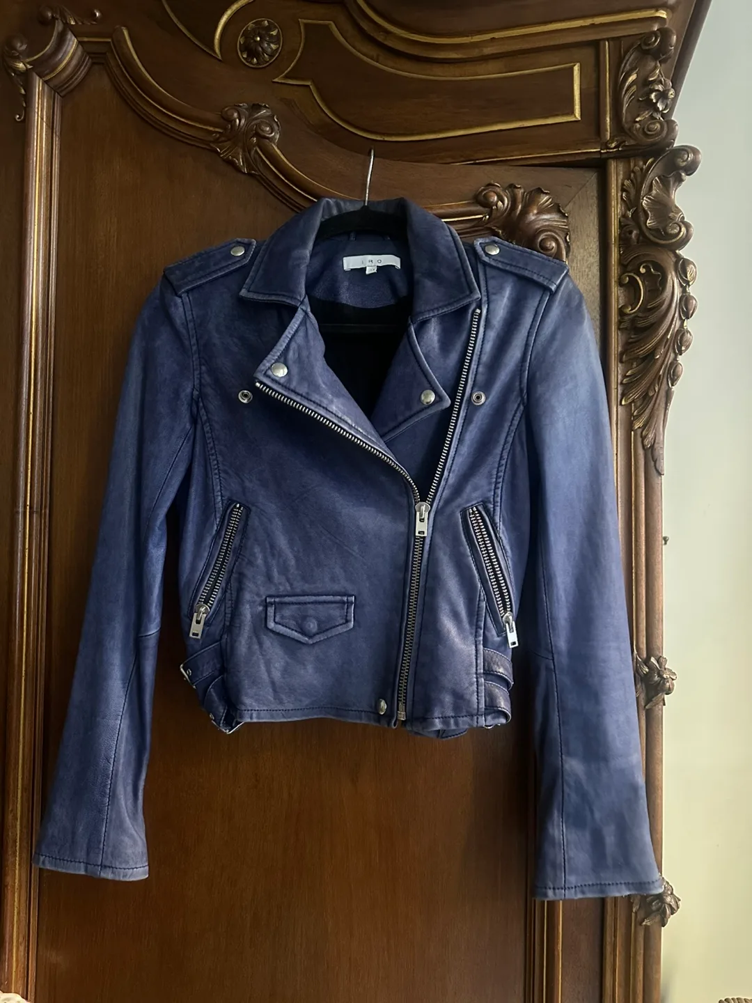 IRO Ashville Blue Lambskin Leather Jacket $1200 Size 34/2 US