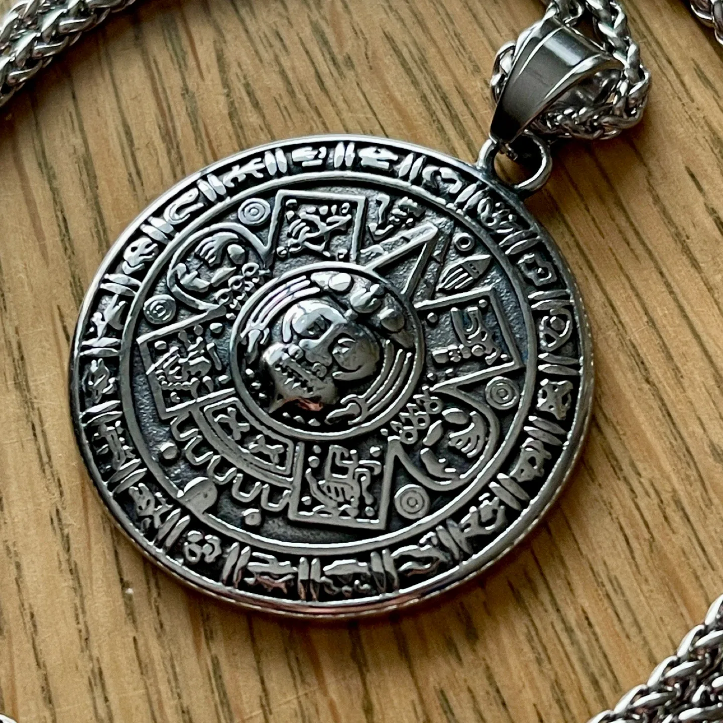 Aztec Mayan sun stone “calendar” stainless steel necklace
