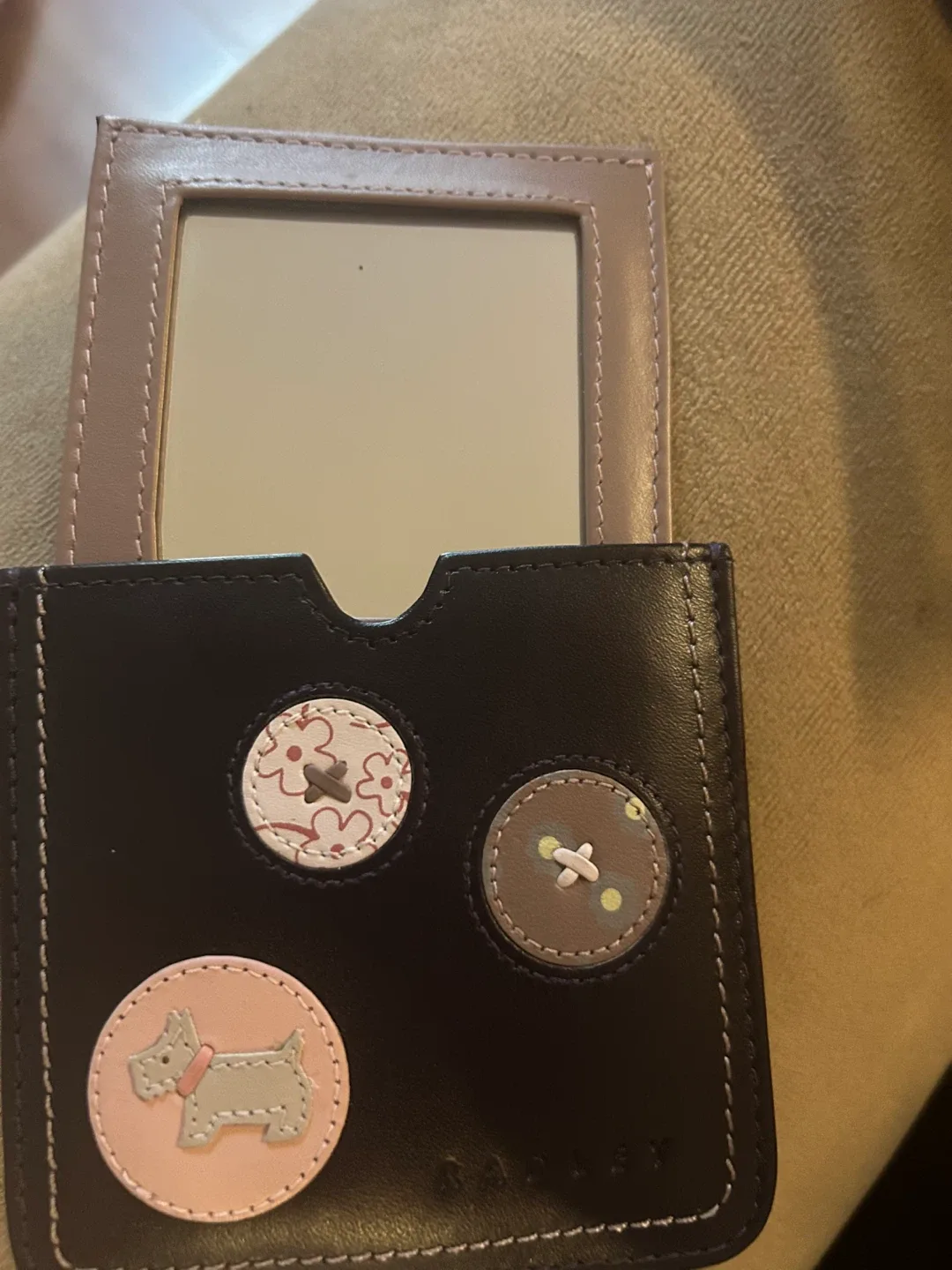 Cute Radley Buttons Black & Beige Leather Handbag Mirror image indicator(2)