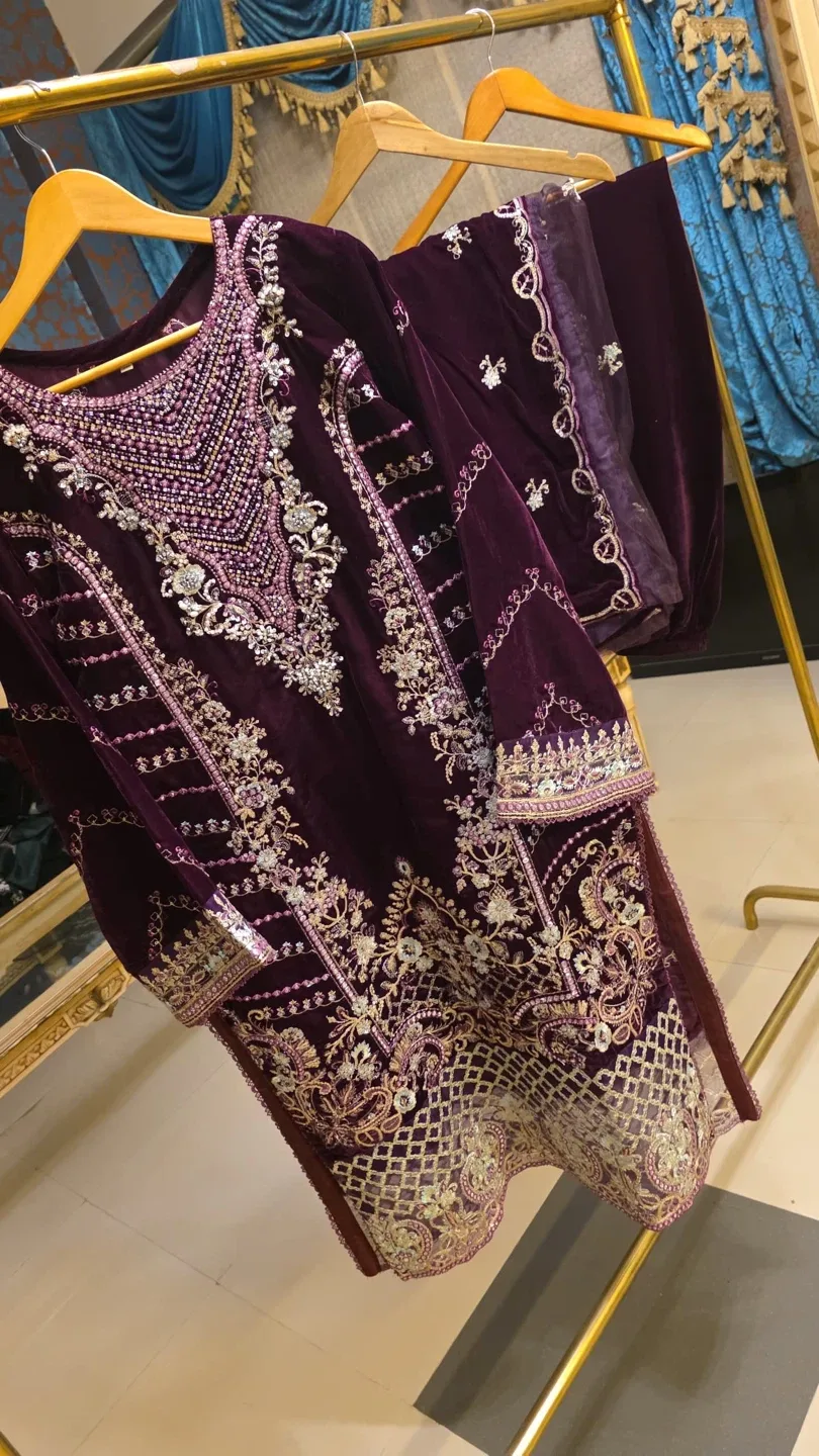 Elegant Embroidered Velvet Dress and semi precious jewelry