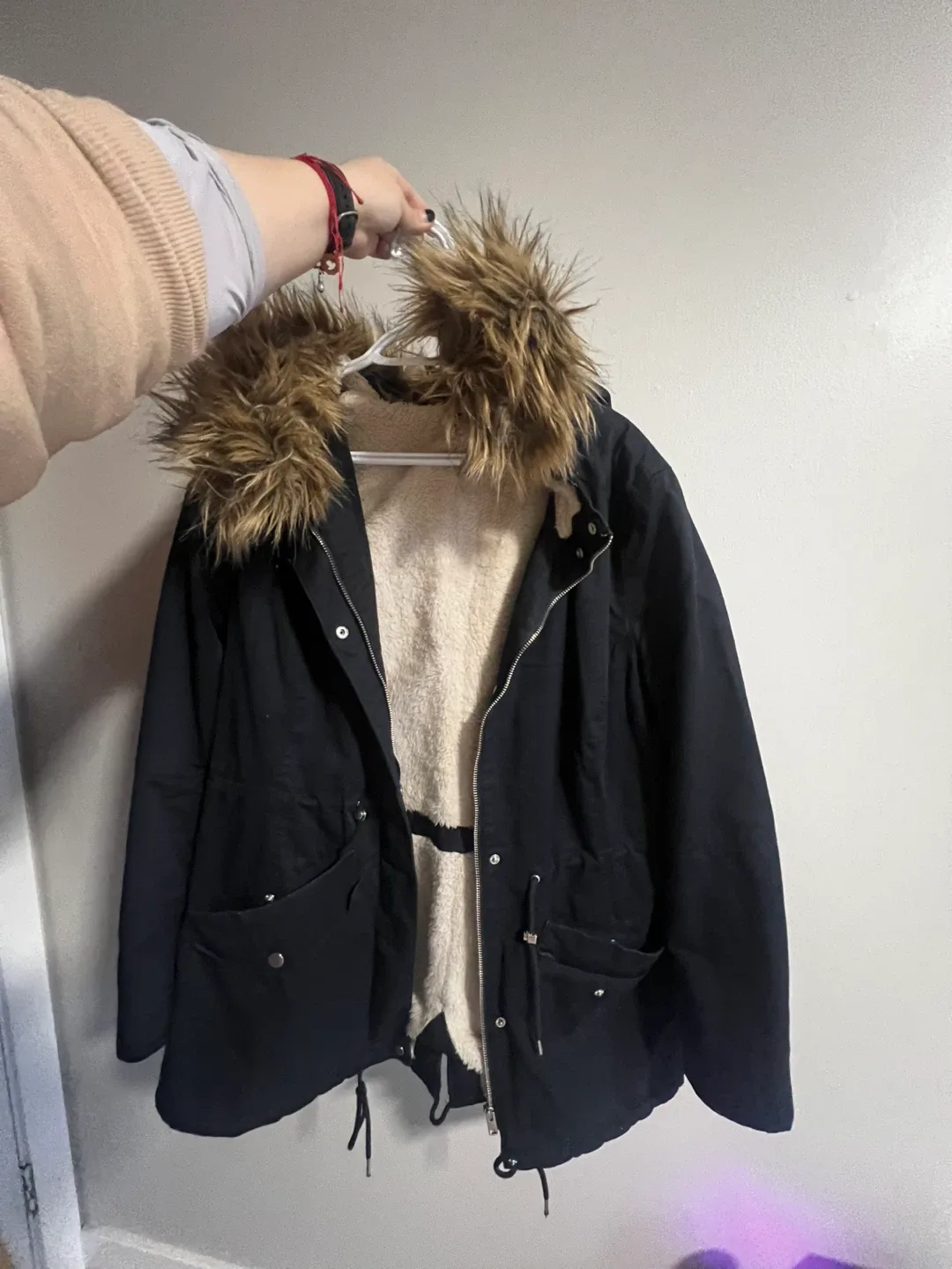 Black Winter Parka with Faux Fur Trim