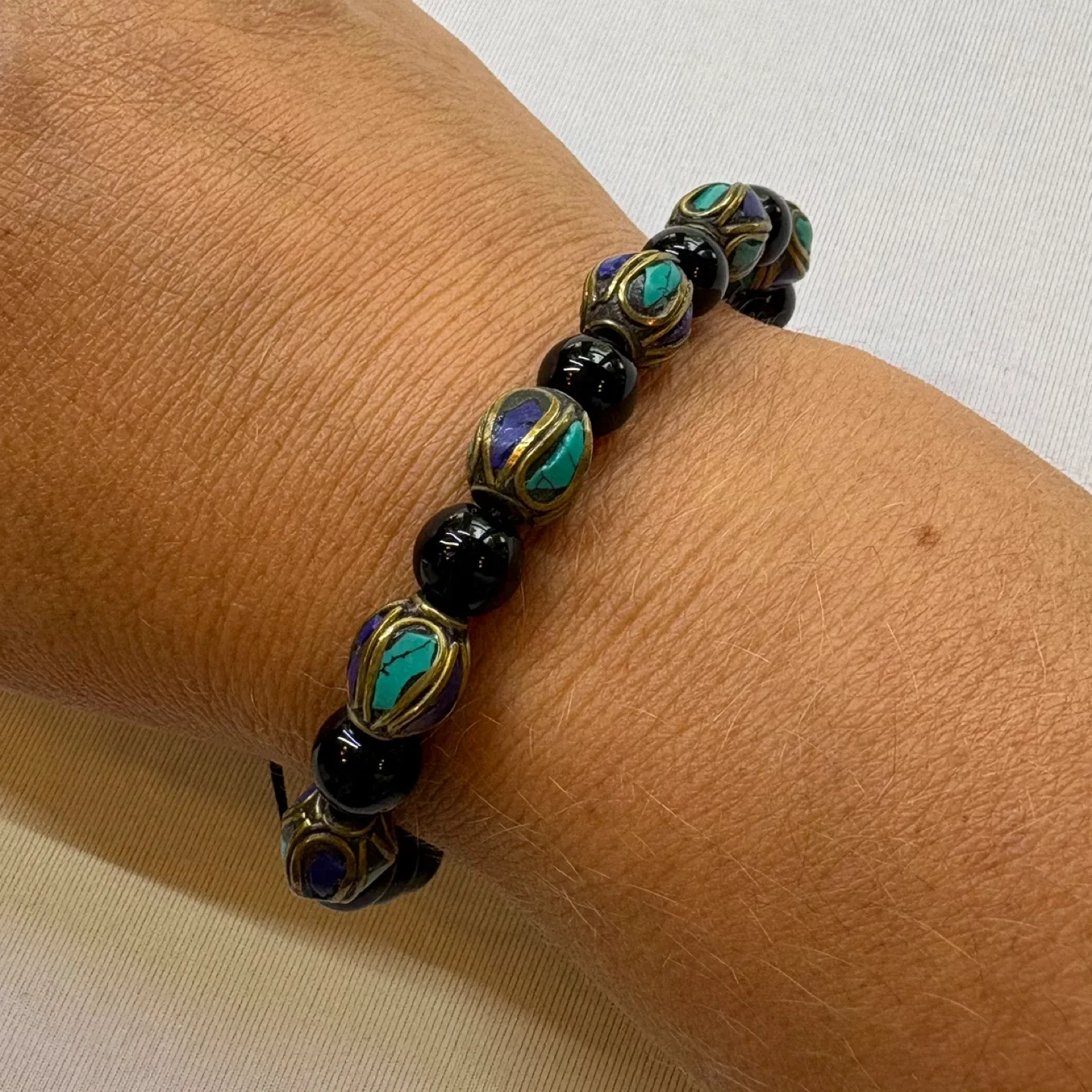 Handcrafted Beaded Bracelet Black Onyx Turquoise Lapis Inlay image indicator(2)