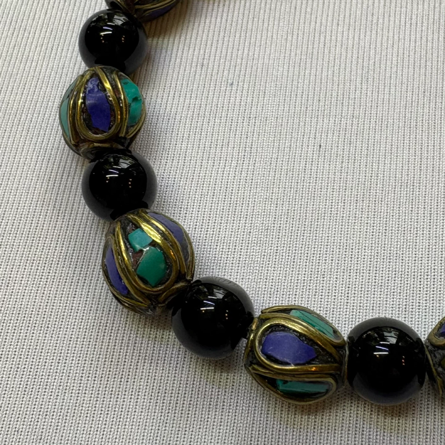 Handcrafted Beaded Bracelet Black Onyx Turquoise Lapis Inlay - photo 3