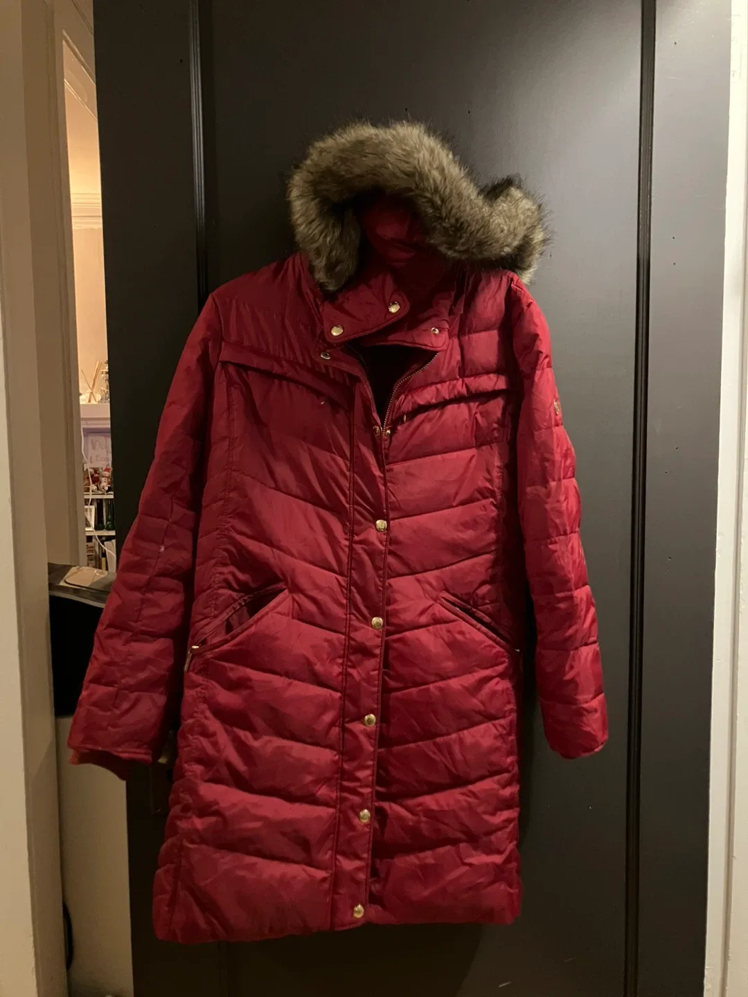 Burgundy Puffer Coat with Faux Fur Hood